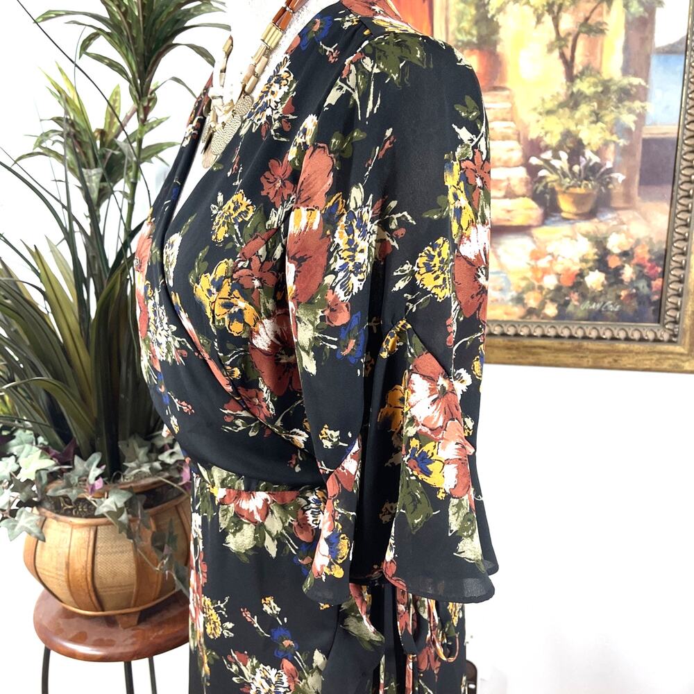 June & Hudson Floral Wrap Dress Women's Size L Black Ruffle Midi Boho V-Neck - Picture 5 of 13